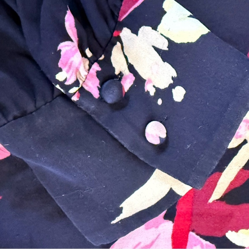 A.L.C. Rivera 100% Silk Floral Blouse Size 12 Black Pink AS-IS Flaws - Picture 8 of 12